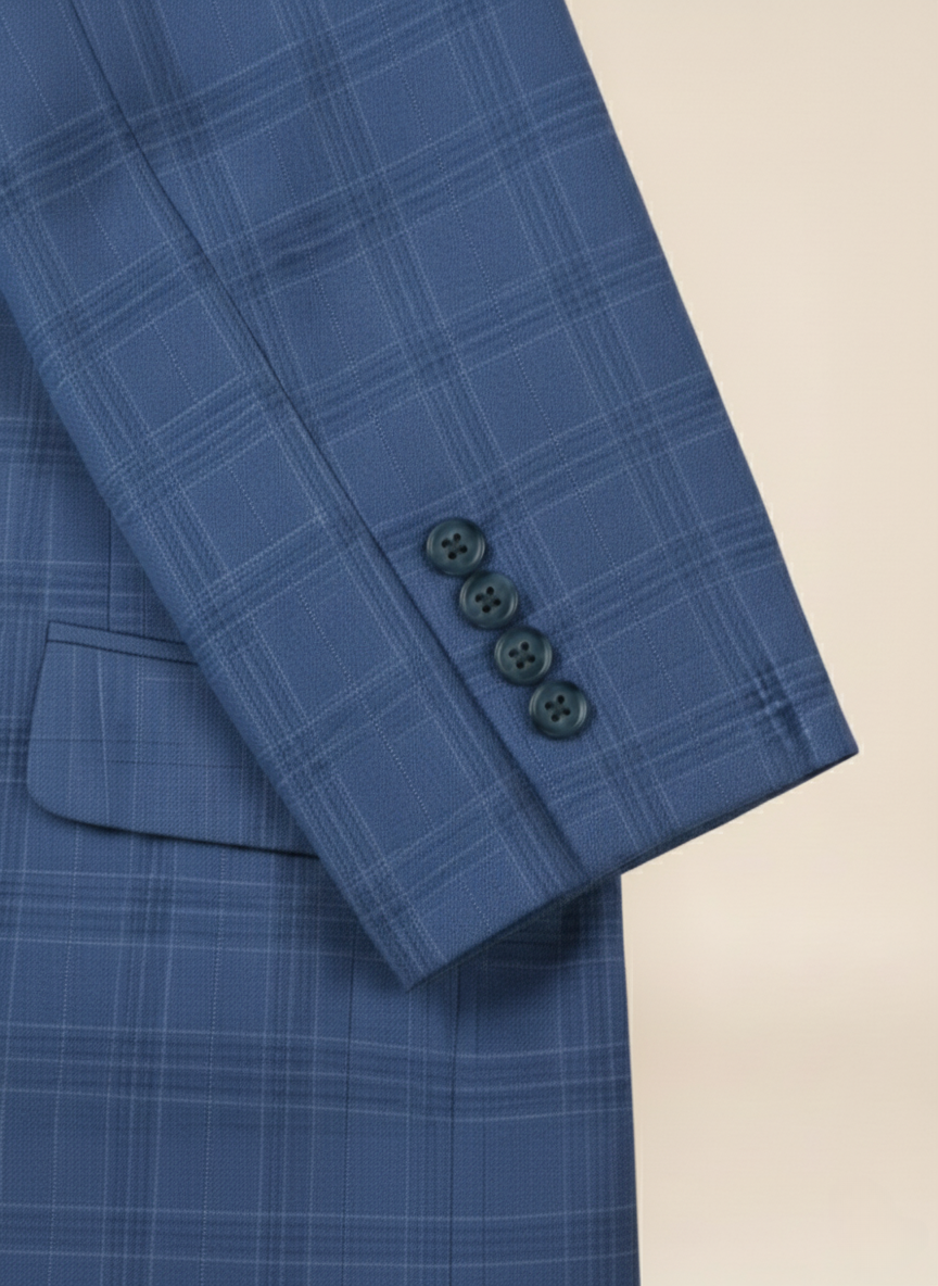 Raphael Anzug in Hellblau mit Fensterkaromuster - Fallendem Revers und zwei Knöpfen