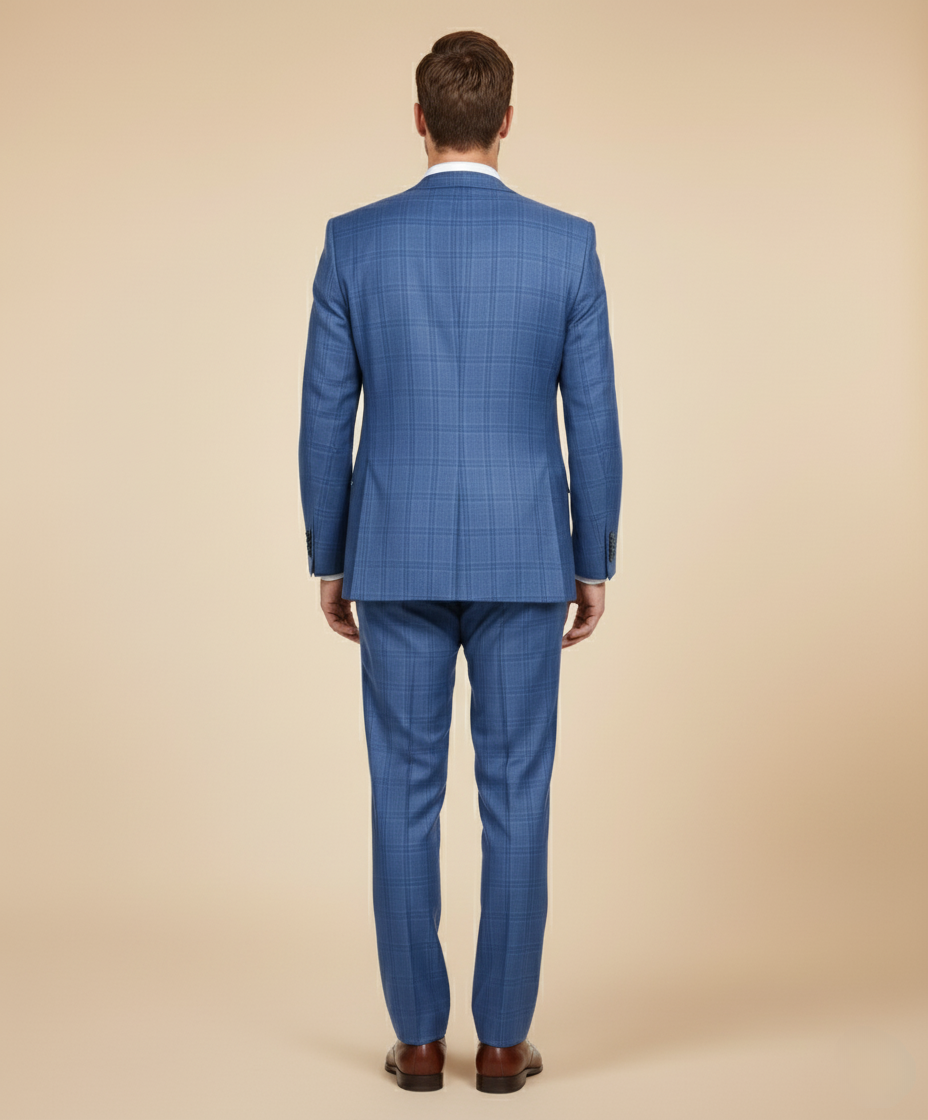 Raphael Anzug in Hellblau mit Fensterkaromuster - Fallendem Revers und zwei Knöpfen