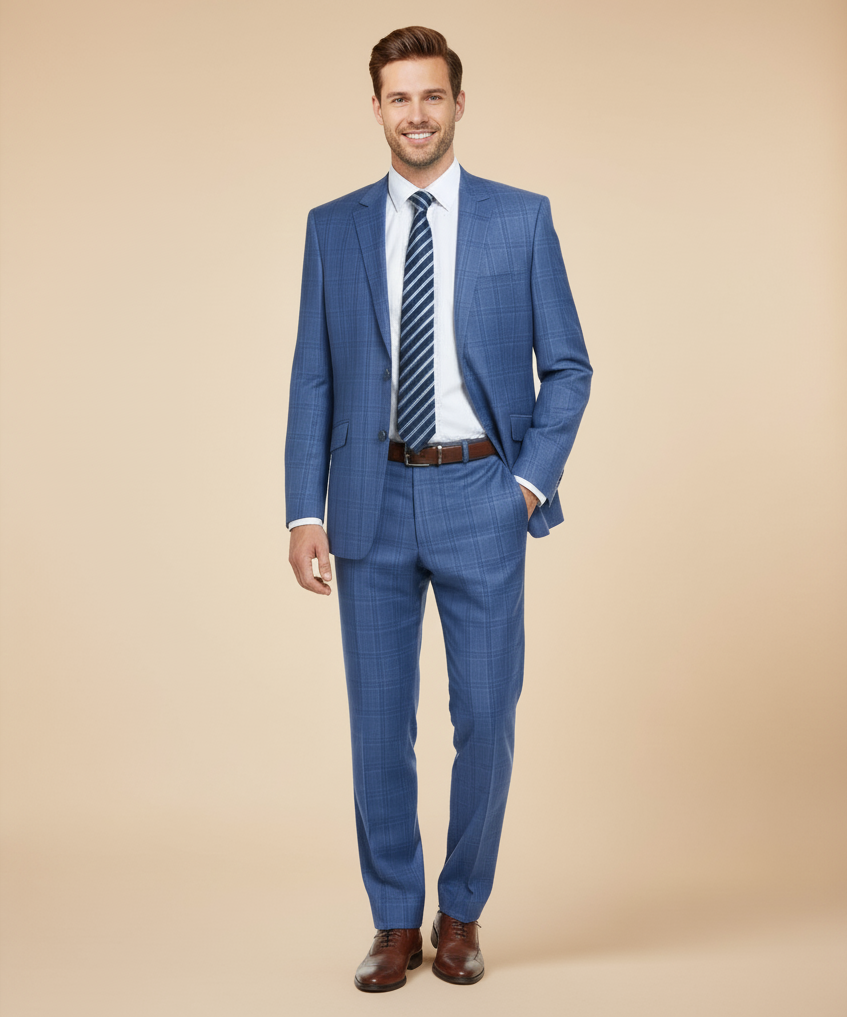 Raphael Anzug in Hellblau mit Fensterkaromuster - Fallendem Revers und zwei Knöpfen