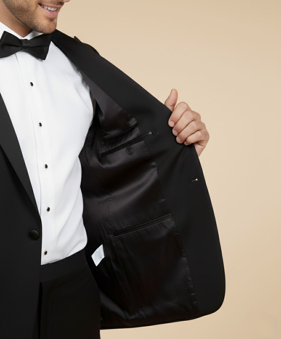 Eleganter schwarzer Smoking für Herren – Klassischer Anzug mit Satinrevers & Fliege