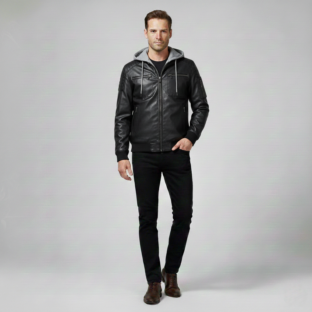 Lucas Lederjacke mit Kapuze – Premium Leder Hoodie Jacket mit Brusttaschen