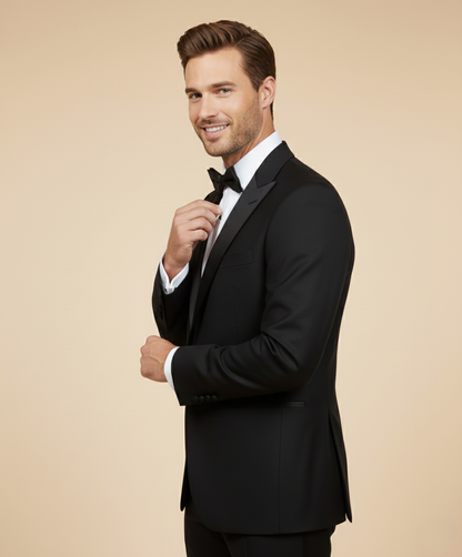 Eleganter schwarzer Smoking für Herren – Klassischer Anzug mit Satinrevers & Fliege
