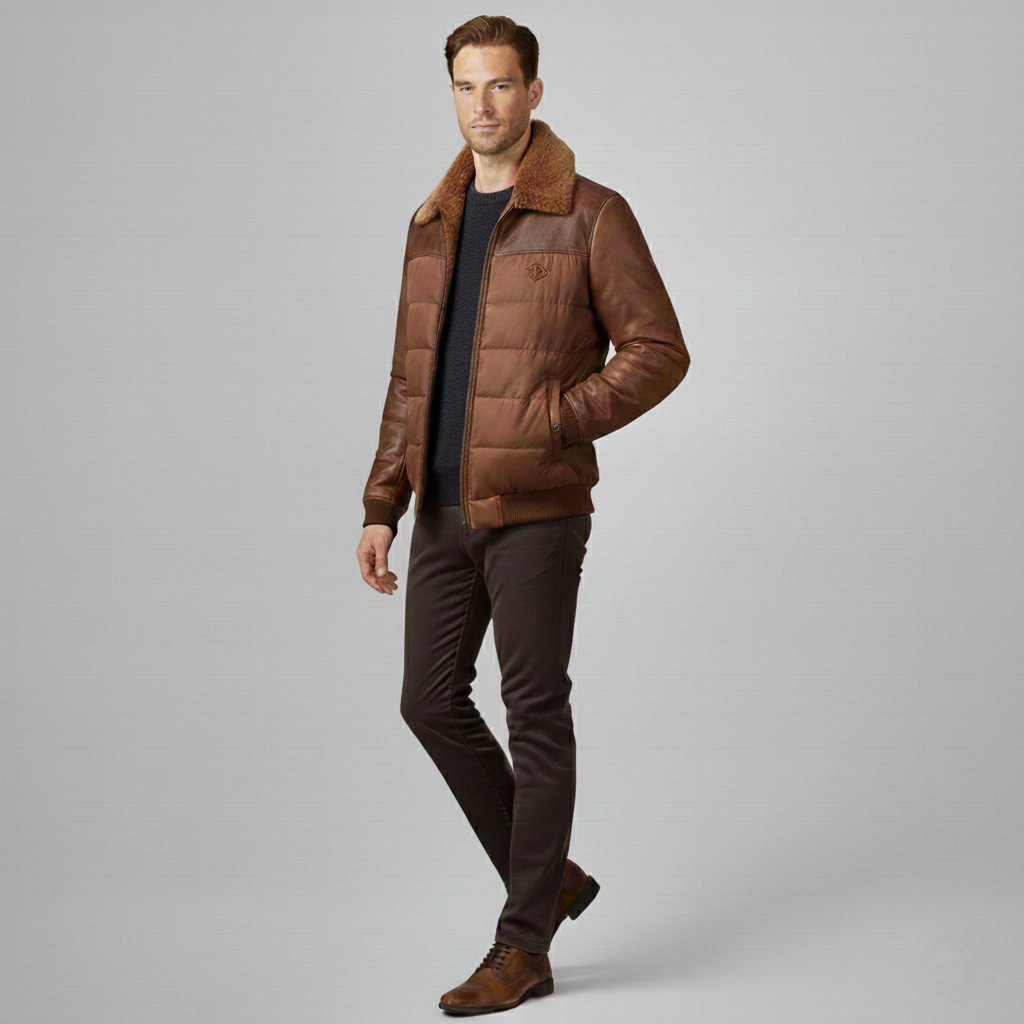 John Lederjacke - Premium Gesteppte Pilotenjacke mit weichem Kragen