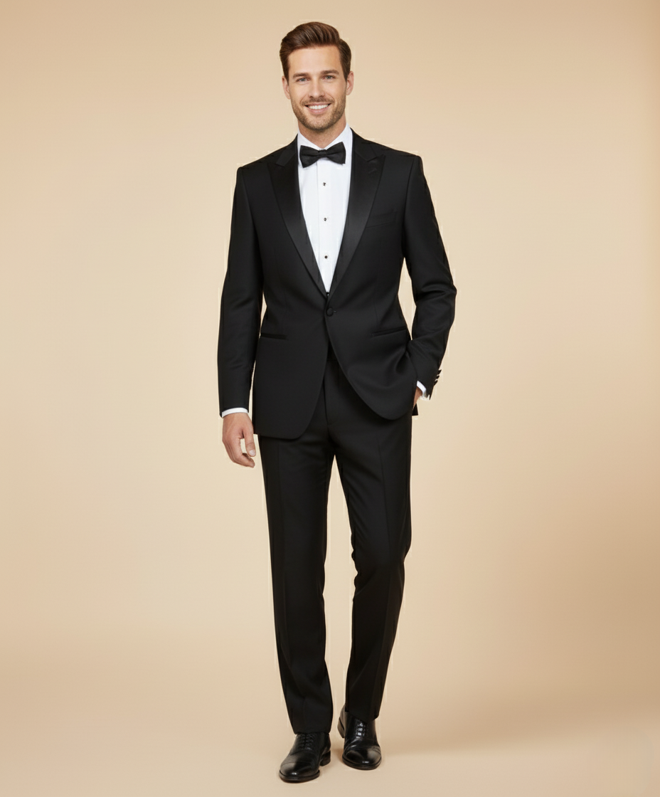 Eleganter schwarzer Smoking für Herren – Klassischer Anzug mit Satinrevers & Fliege