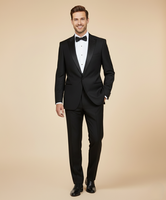 Eleganter schwarzer Smoking für Herren – Klassischer Anzug mit Satinrevers & Fliege