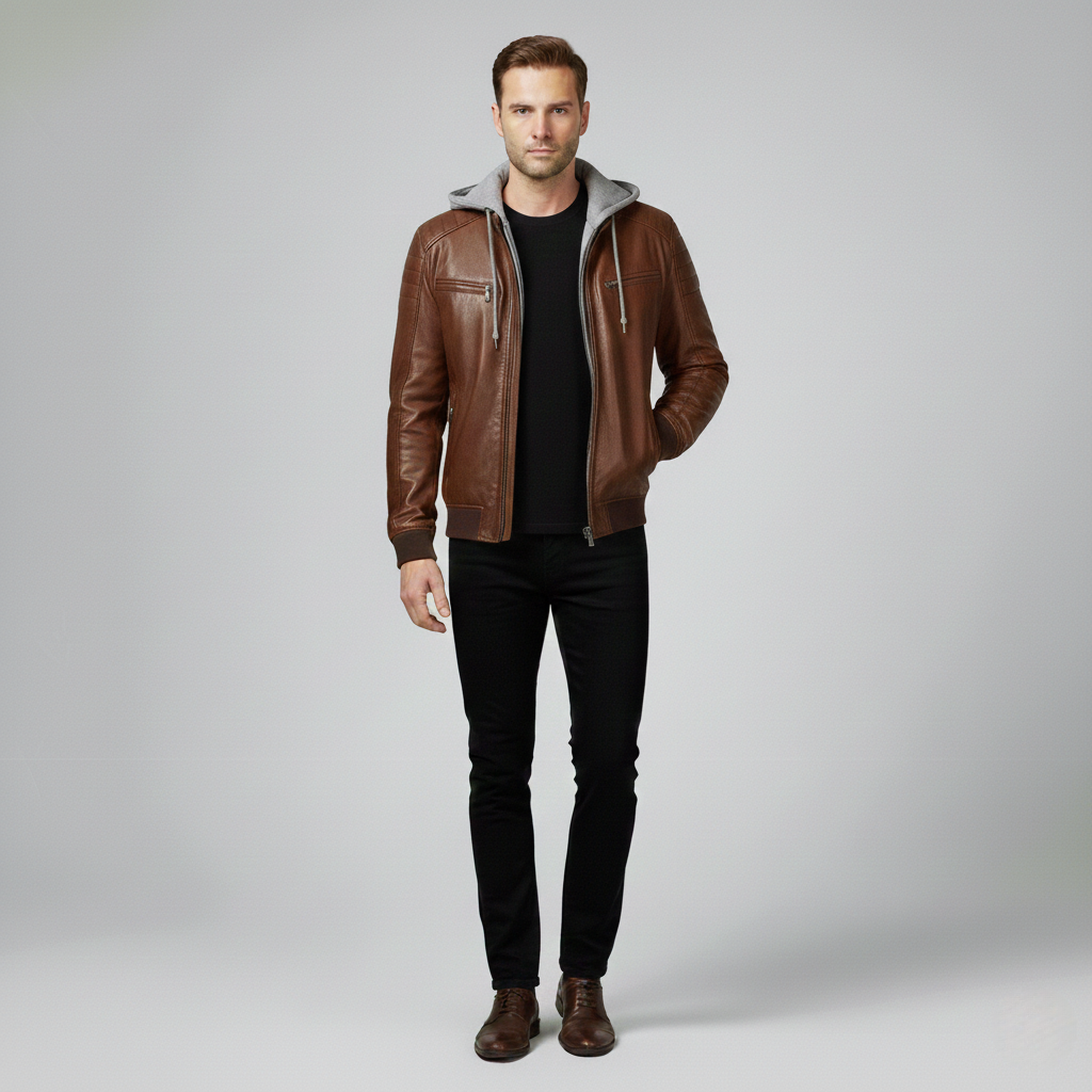 Lucas Lederjacke mit Kapuze – Premium Leder Hoodie Jacket mit Brusttaschen